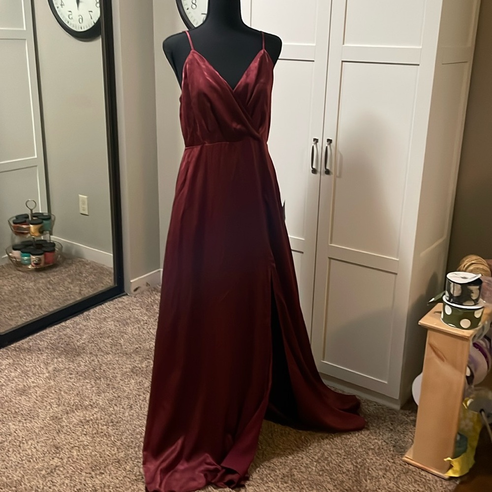 Maroon full length dress with straps. Never worn